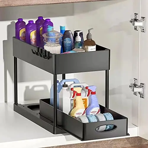 

Sink Organizers and Storage, Bathroom Organizer Under Sink with Hooks and Bendable Brush, 2 Tier Under Bathroom Cabinet Organize