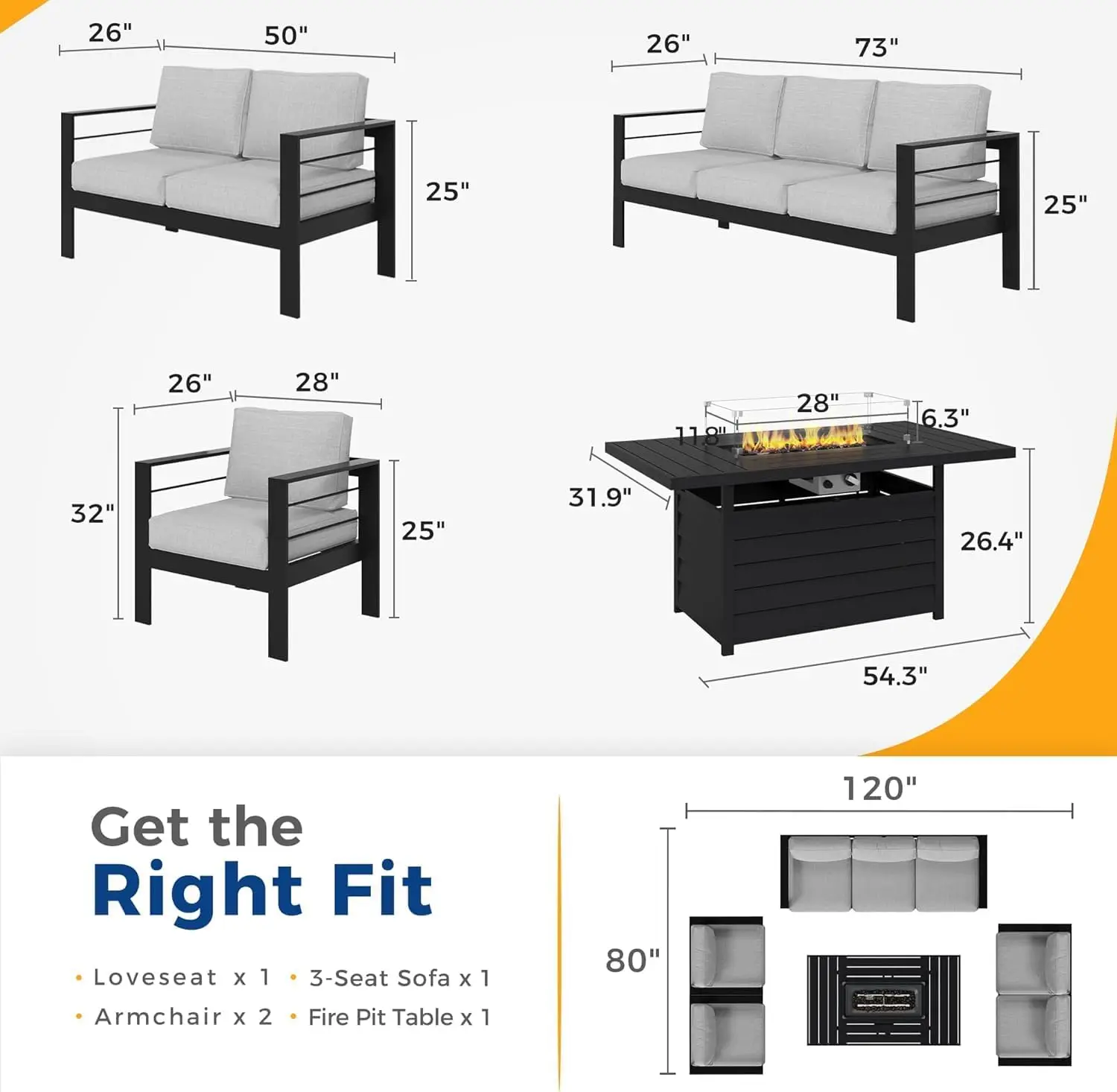 Aluminum Patio Furniture Set, 7 Seats Metal Outdoor Furniture Set with 54 Inch Propane Gas Fire Pit Table, Patio Conversation