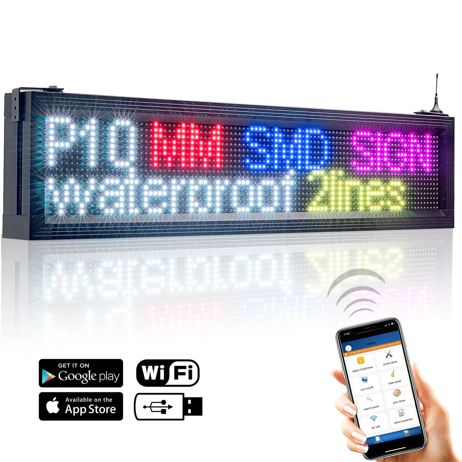 

WiFi Scrolling LED Sign P10 104cm RGB Waterproof DIY Programmable Text Image Display Board for Commercial Ad Board Outdoor