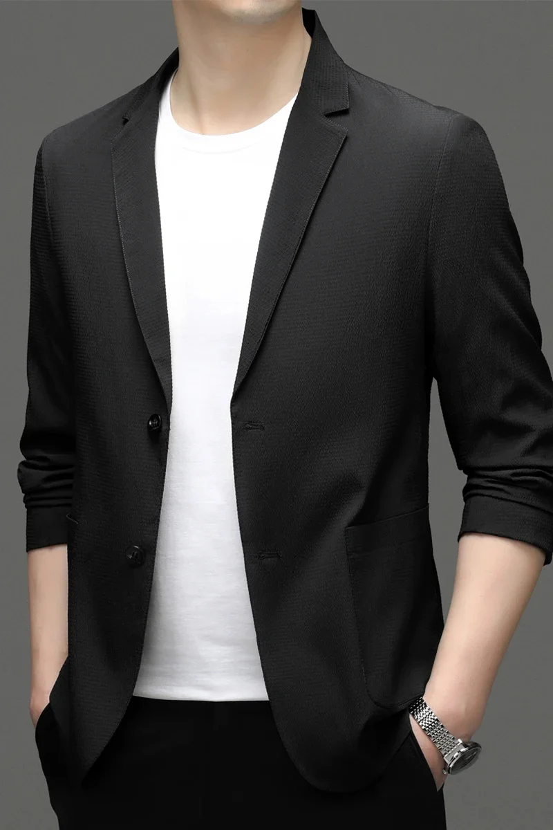thumbnail image 1 of Traje de ocio para hombre, primavera y verano, sin planchado, informal, de negocios, coreano, abrigo para jóvenes de mediana edad, drapeado, genuino, parte superior fina, 1 of 5
