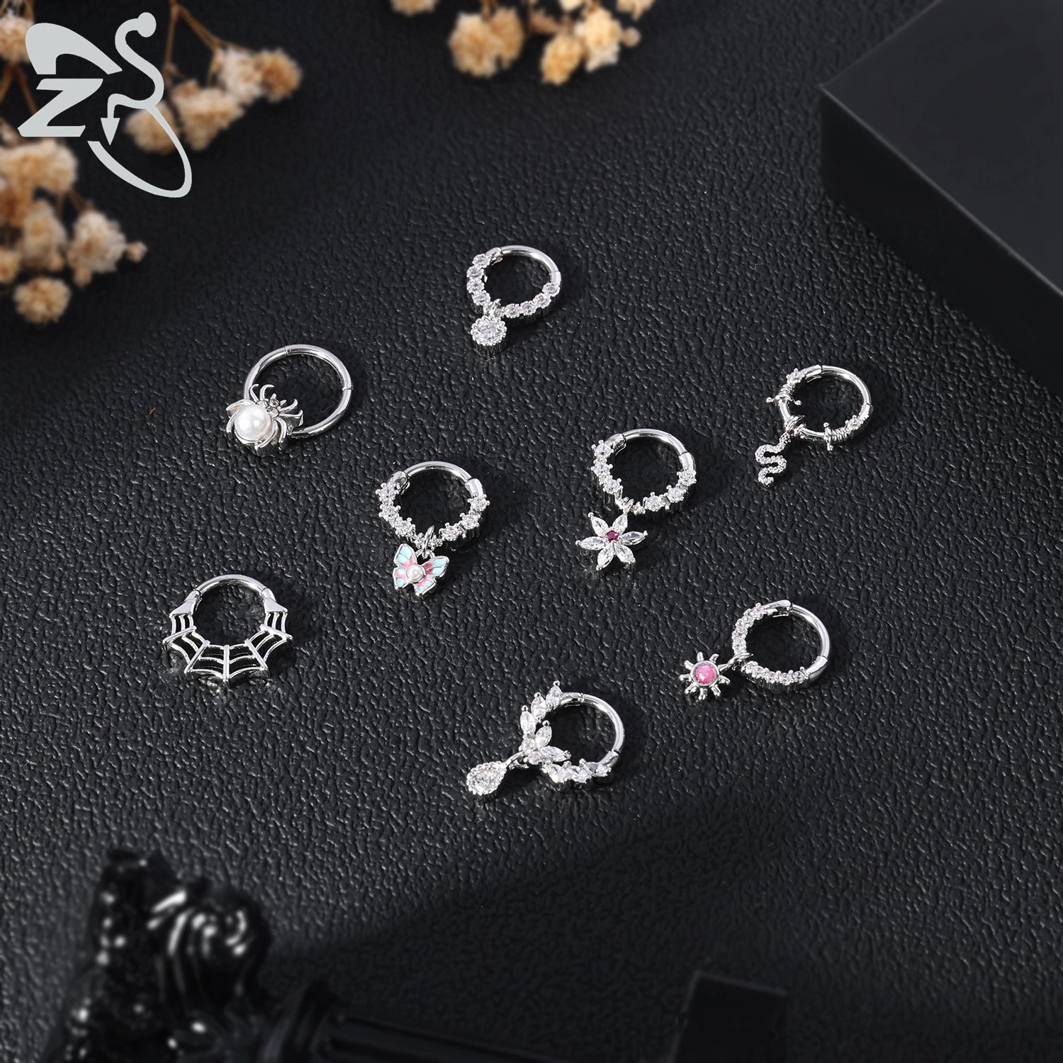 ZS 1 Piece Cute 16G Stainless Steel Septum Ring Spider Web Heart Nostril Piercing CZ Crystal Ear Helix Cartilage Earring Jewelry