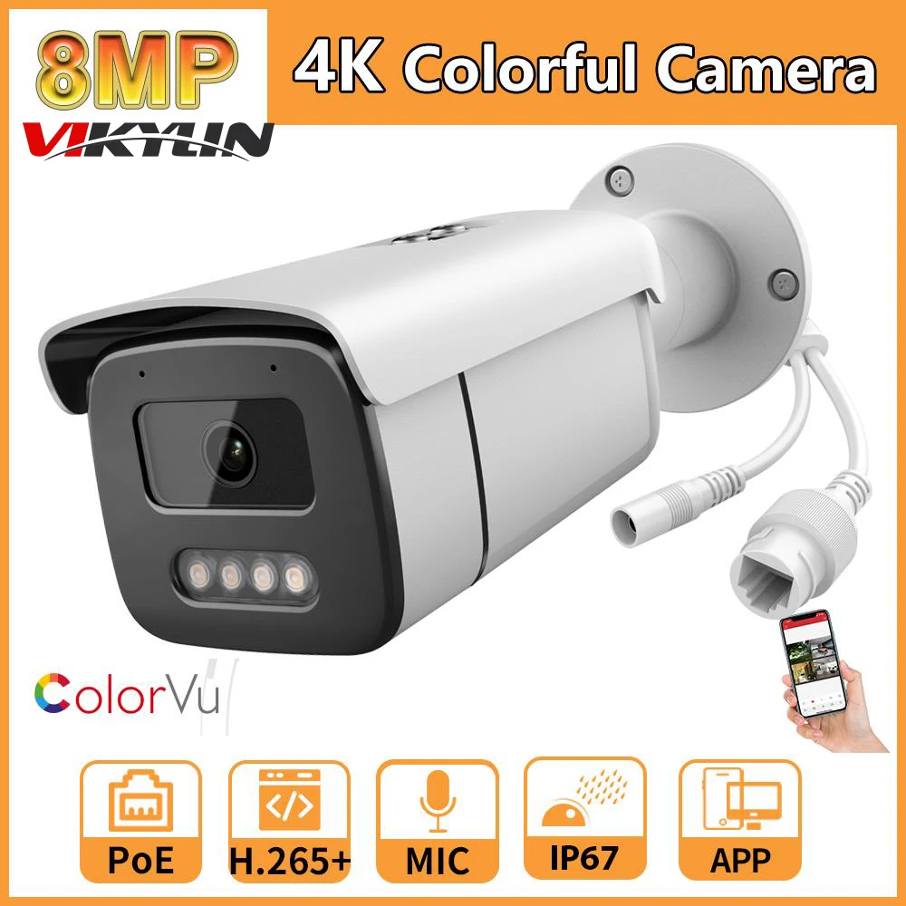 Vikylin 4K Full Color Night Camera 8MP ColorVu Bullet Security Camera 5MP PoE Built-in Mic Video Surveillance Hikvision Protocol