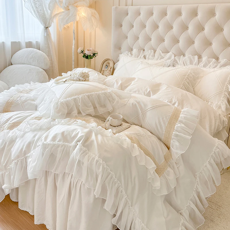 White Princess Wedding Bedding Sets Luxury Chiffon Lace Ruffle