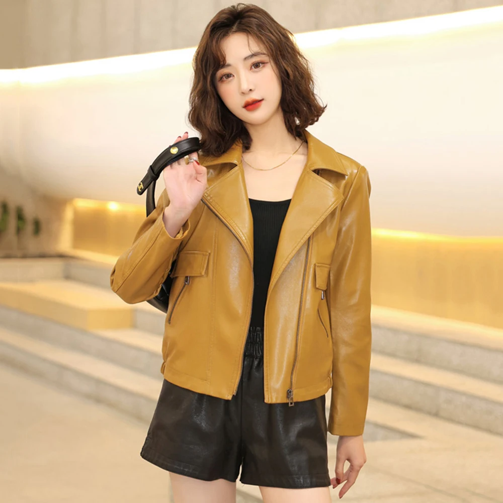 New Women Casual Leather Jacket Spring Autumn Fashion Trend Suit Collar Loose Short Sheepskin Coat Split Leather Small Outerwear new women hooded leather jacket spring autumn casual fashion long sleeve loose split leather outerwear short sheepskin tops coat