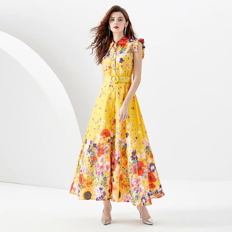 

Women's Dresses Streetwear Retro Polo Collar Flying Sleeve Printed Slim Fit Long Swing Button Dress for Women Vestido Feminino