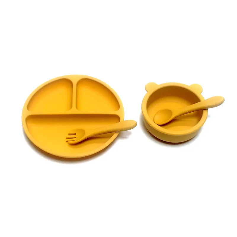 4pcs Auxiliary silicone tableware sets children eating suction cup bowl baby spoon dinner plate kindergarten set