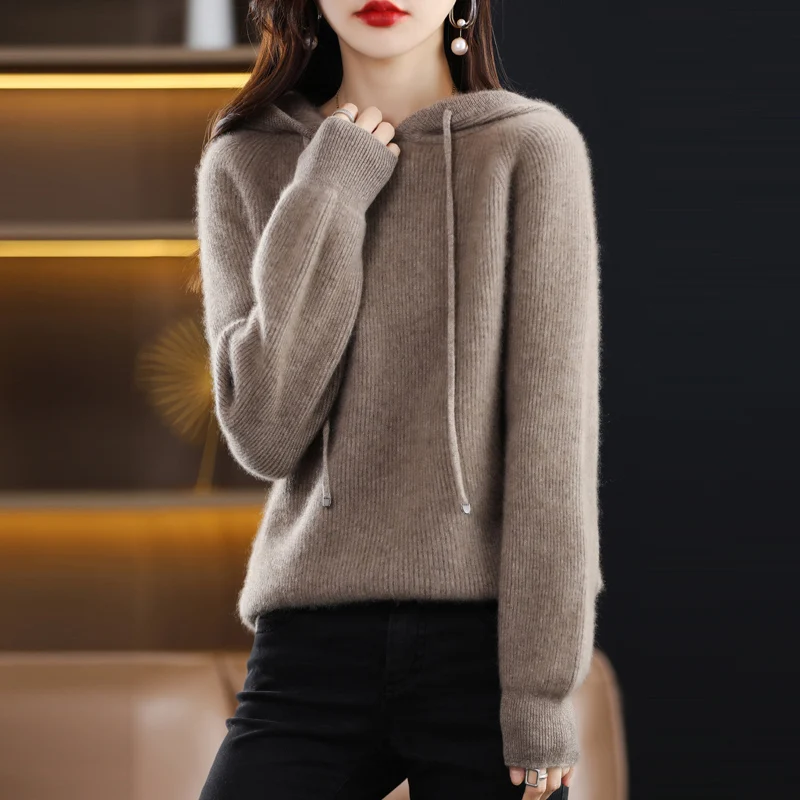 

100% pure wool new cashmere sweater women's hooded collar solid color pullover fashion warm knitted casual base coat top