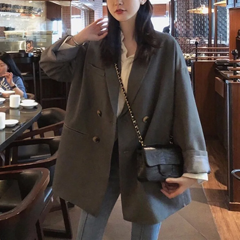 Vintage Mid Length Blazer Women Solid Colors Double Breasted Suit Office Lady Buttonless Commute Casual Blazers 2021 New Fashion