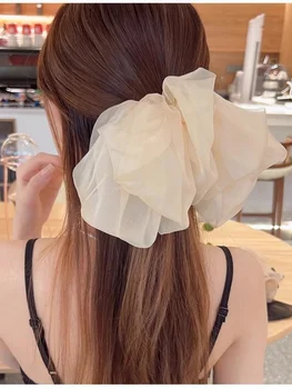 Fermaglio per capelli con fiocco grande in chiffon da 1 pezzo con nastro lungo, tinta unita, tessuto a rete morbida, accessorio per capelli da donna