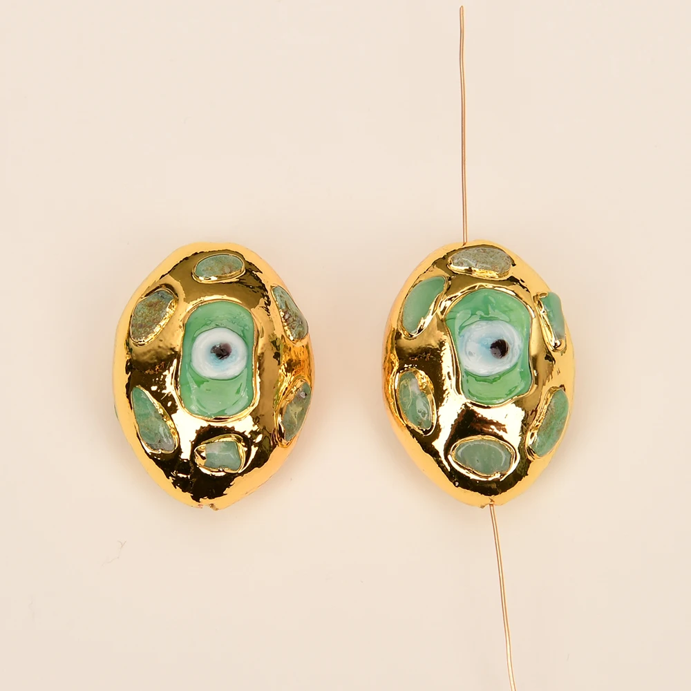 APDGG Wholesale 5 Pcs Natural Chrysoprase Oval Egg Shape Eye Beads Gold Plated For Jewelry Making DIY