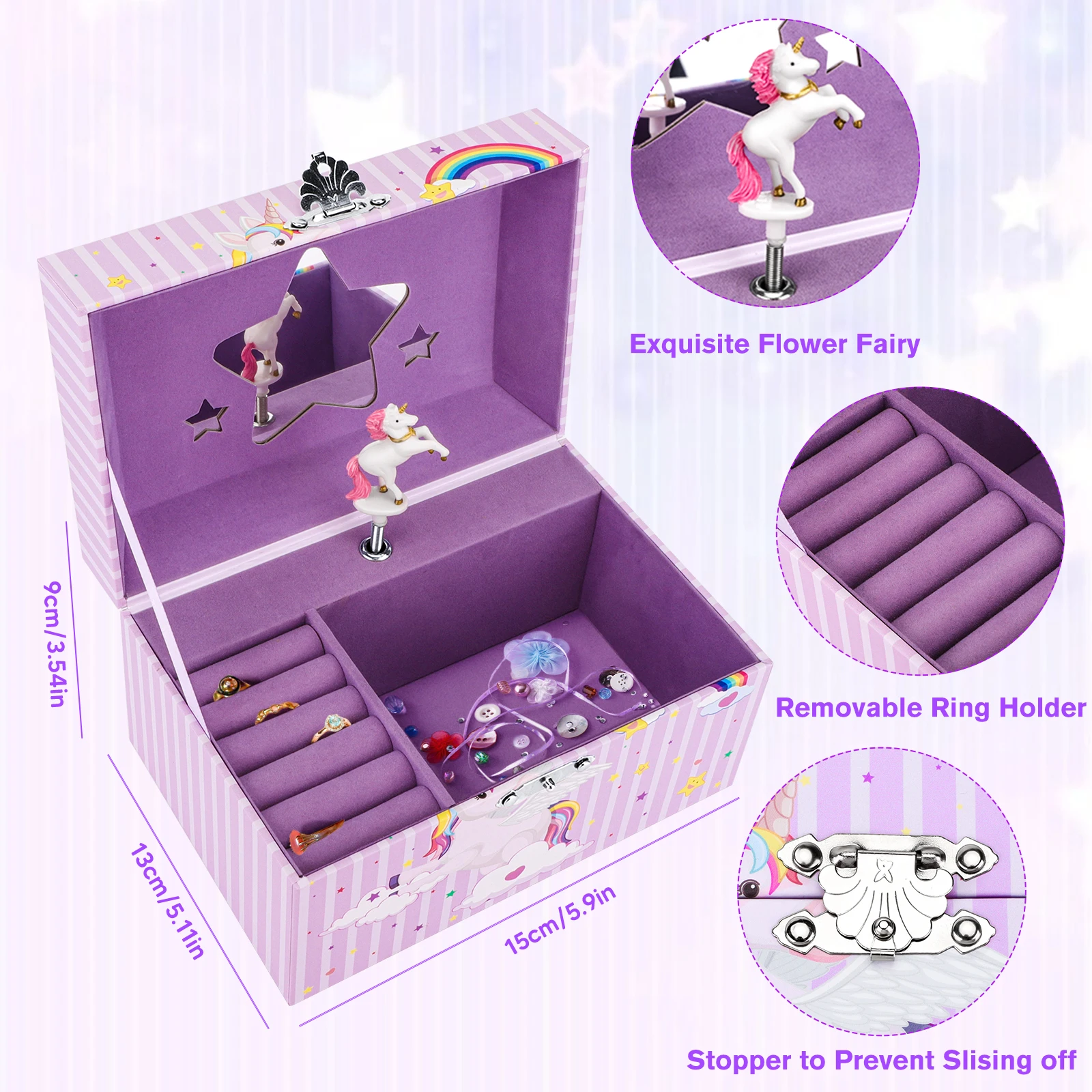Unicorn Music Box Girl's Jewelry Storage Box with Rotating Unicorn