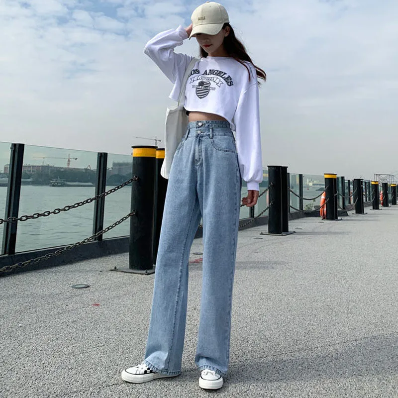 women's snow pants 2021 Woman High Waist Jeans Retro White Black Jeans Trousers Straight Overalls Pants Long Loose Wide Leg Jeans For Women crop pants for women Pants & Capris