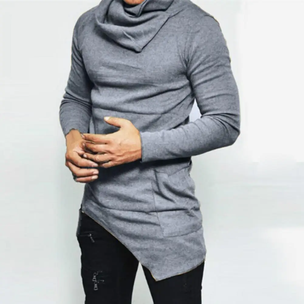 

Men Shirt Solid Color Pile-up Collar Casual Pullover Long Sleeve Irregular Spring Top Handsome Autumn Hoodie Shirt Sweatshirt