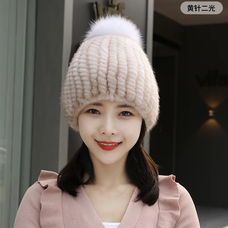 Winter Fur Hat Real Mink Fur Hat For Women Knitted Mink Ear Warm Cap The Spiral Beanies Cap With Fox Pompom On The Top