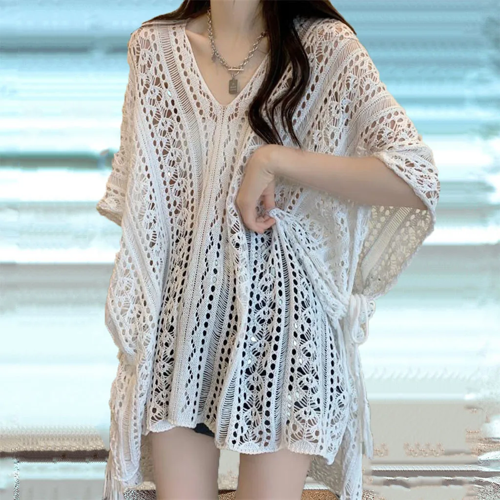 Women's Swimwear Crochet Lace Beach Cover Up Bikini Swimsuits Knitted Cover Up Dress Womens Swimsuit V Neck Side Split Beachwear