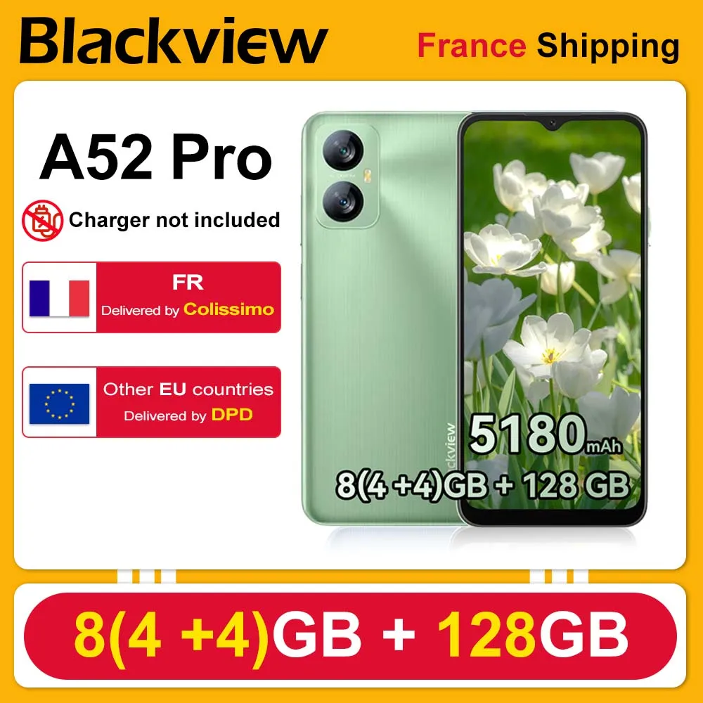 Blackview A52 Pro [Pas de chargeur UE] 4 Go + 128 Go 6,5" HD + Écran 5180 mAh - 13 MP + 5 MP - Android 13 4G - GPS double SIM