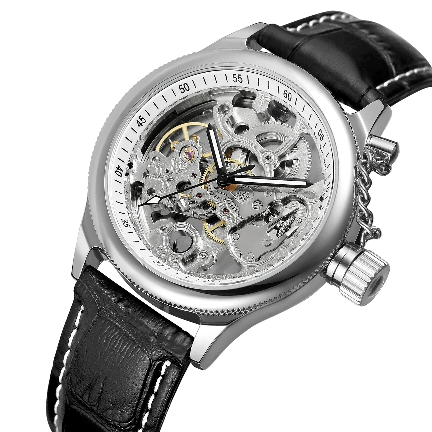 FOESINING Modische, lässige Herrenuhr, silbernes, rundes Gehäuse und Zifferblatt, schwarzes Lederarmband, automatische, mechanische Uhr, Urlaubsgeschenk_voghion.com