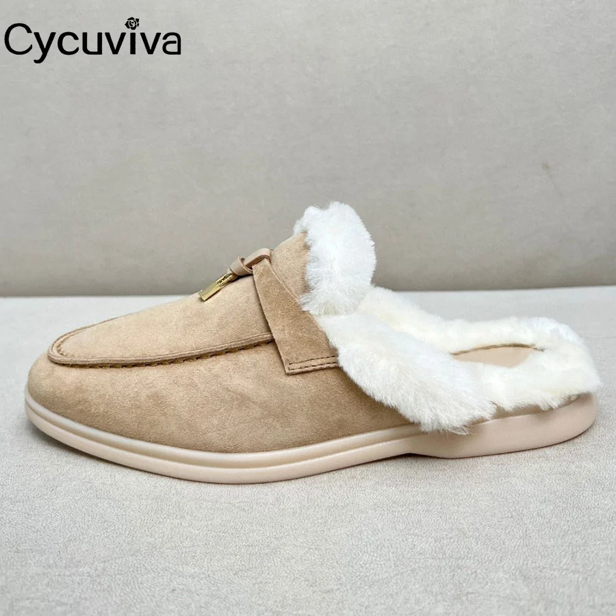 

Hot Fur Half Slippers Women Kidsuede Wool Summer Walk Slides Slip On Metal Decor Flat Casual Shoes For Woman Winter Slippers