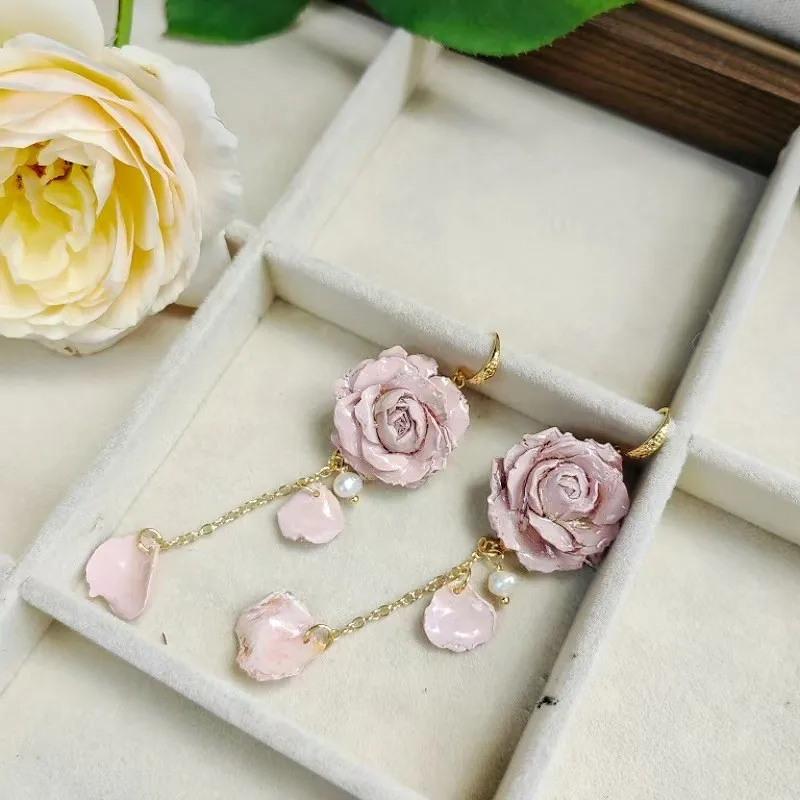 Elegant Immortal Rose Long Earrings Epoxy Resin Real Rose Flower 2