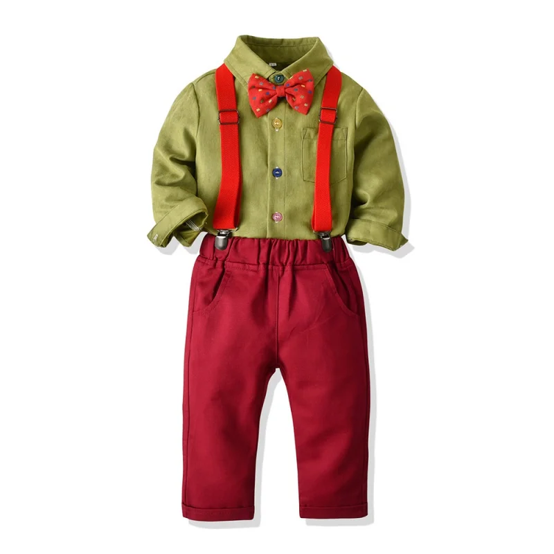 

Children's Clothing Hot Batch Boys' Spring and Autumn Gentleman Suit Bow Multi-Color Long-Sleeved Shirt Retro Suspender Pants Su