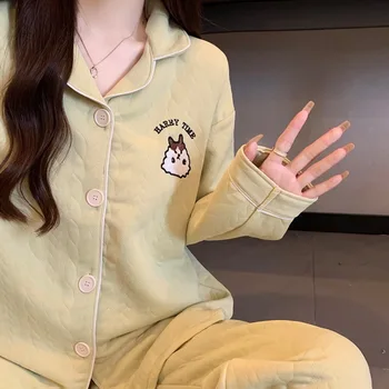 رسالة الكلب Kawaii التطريز ملابس نوم عصرية للنساء Y2K طويلة الأكمام التلبيب الرقبة منامة مجموعة الخريف الشتاء 2 قطعة مجموعة منامة 4