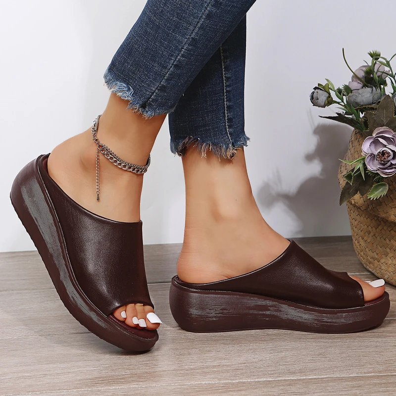 Women Slippers Women Summer Ethnic Style Wedge Fish Mouth One Word Drag Thick Bottom Large Size