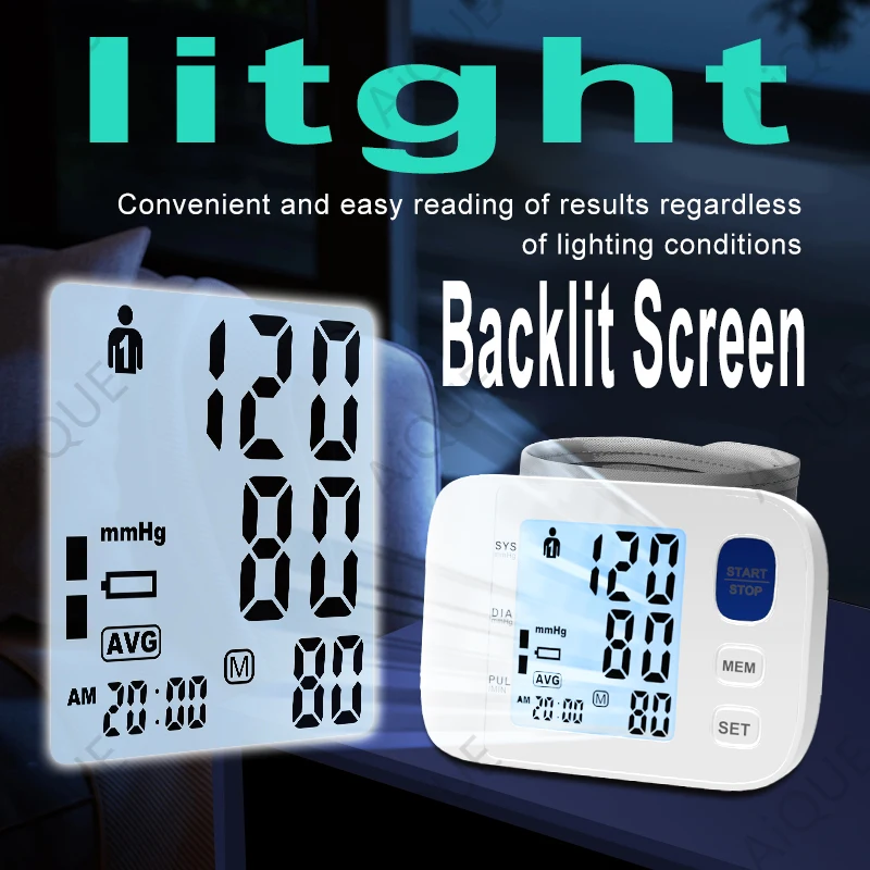 AiQUE Blacklit Wrist Type Blood Pressure Monitor LED Display Fast Measurement Digital Tensiometer BP Tonometer Heart Rate