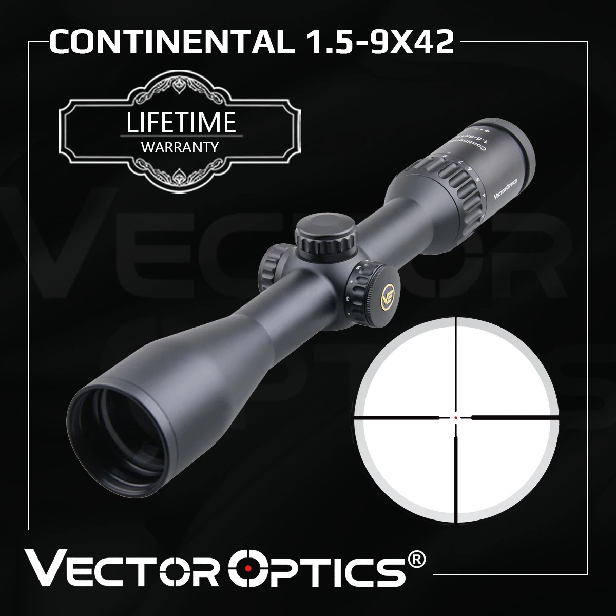 Vector Optics Continental 1.5-9x42 Hunting Rifle Scope, Optical Riflescope, 1/4 MOA, German #4 Center Dot, 90% Light,.338 Lapua Mag