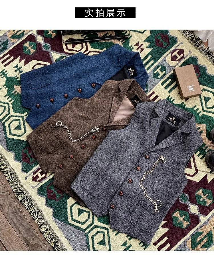 Herbstliche Retro-Arbeitskleidung aus Wolle mit Reverskragen für Herren, schwere Weste mit Fischgrätenmuster im amerikanischen Stil, Übergröße – Detail 2