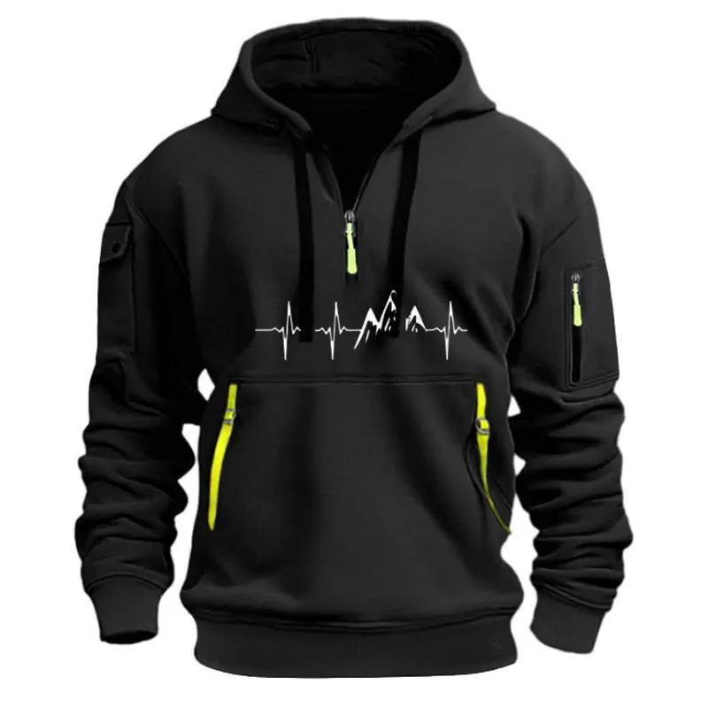 Men's Mountain Heartbeat Print Hoodies Sweatshirt Spring Autumn Long Sleeve Hooded Sweatshirt Black Gray Hoodie Sportswear