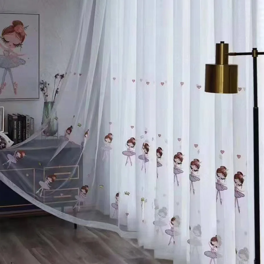 1 PC Small Fresh Window Screen Dancing Girl Embroidered Curtain Girl Bedroom Room Gauze Curtain Boutique Embroidery Modern 5