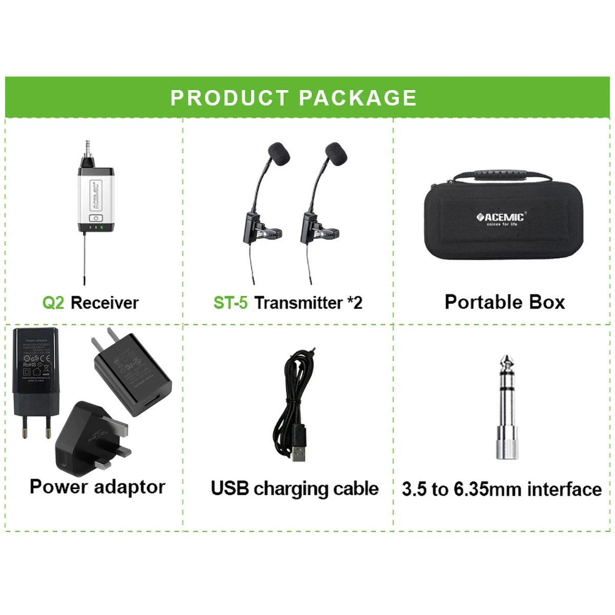Wireless Microphone for Saxophone Dual Channel UHF Condenser for Saxophonist Playing Recording Stage Performance Acemic Q2/ST-5