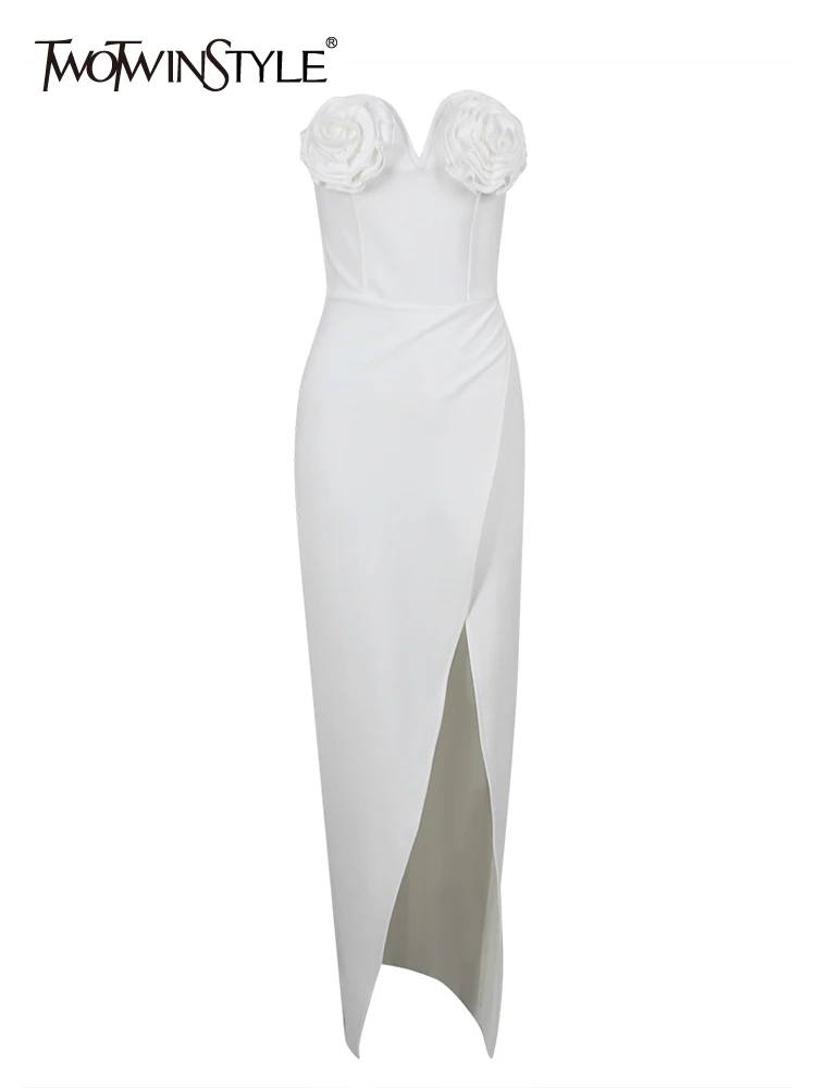 

TWOTWINSTYLE Solid Slimming Sexy Dresses For Women Strapless Sleeveless High Waist Split Patchwork Appliques Dress Female New