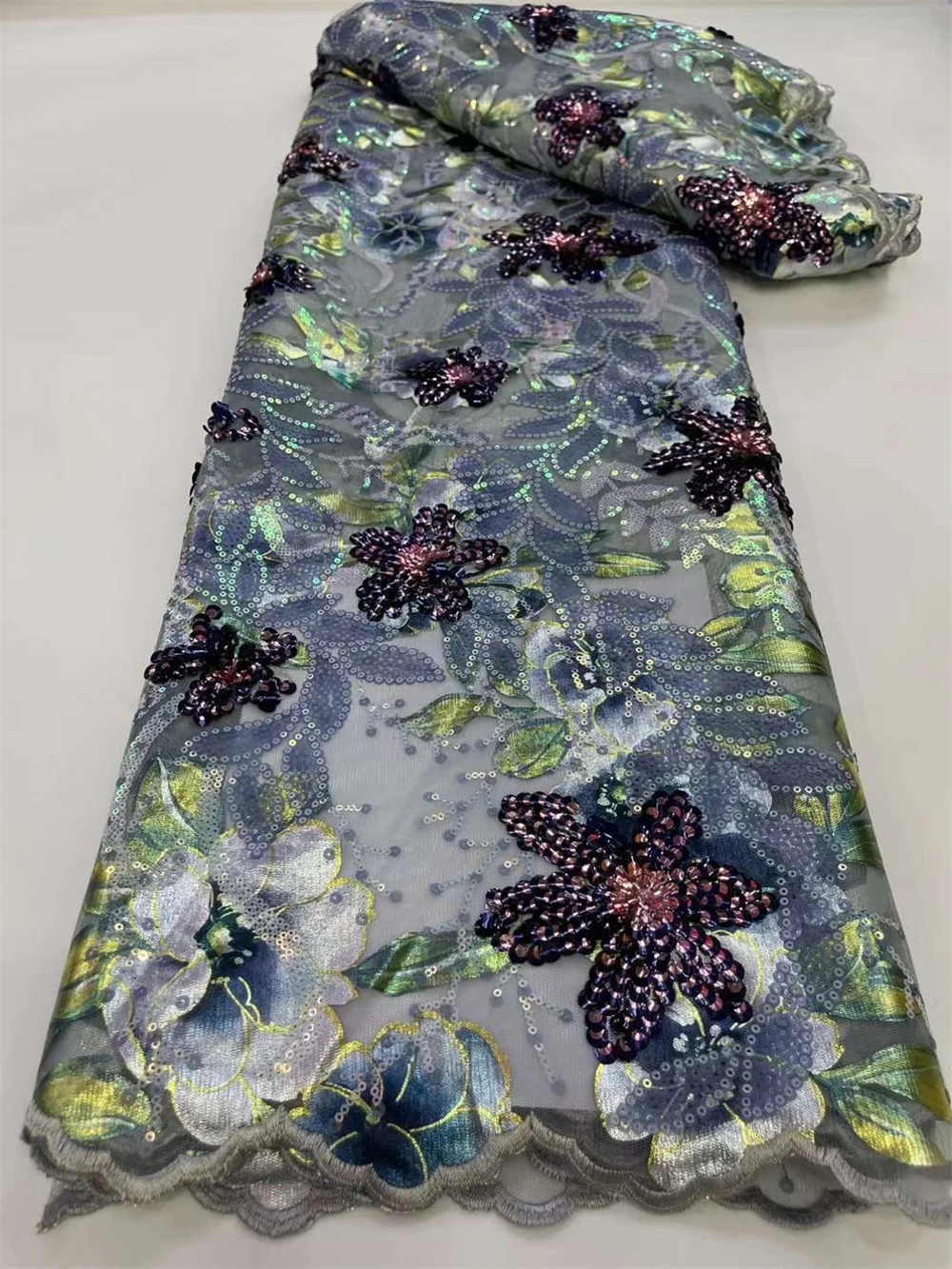 

African Lace Fabric 2023 2024 High Quality Sequence Lace Fabric Blue Flower Embroidery French Tulle Lace For Woman DressWp422-2