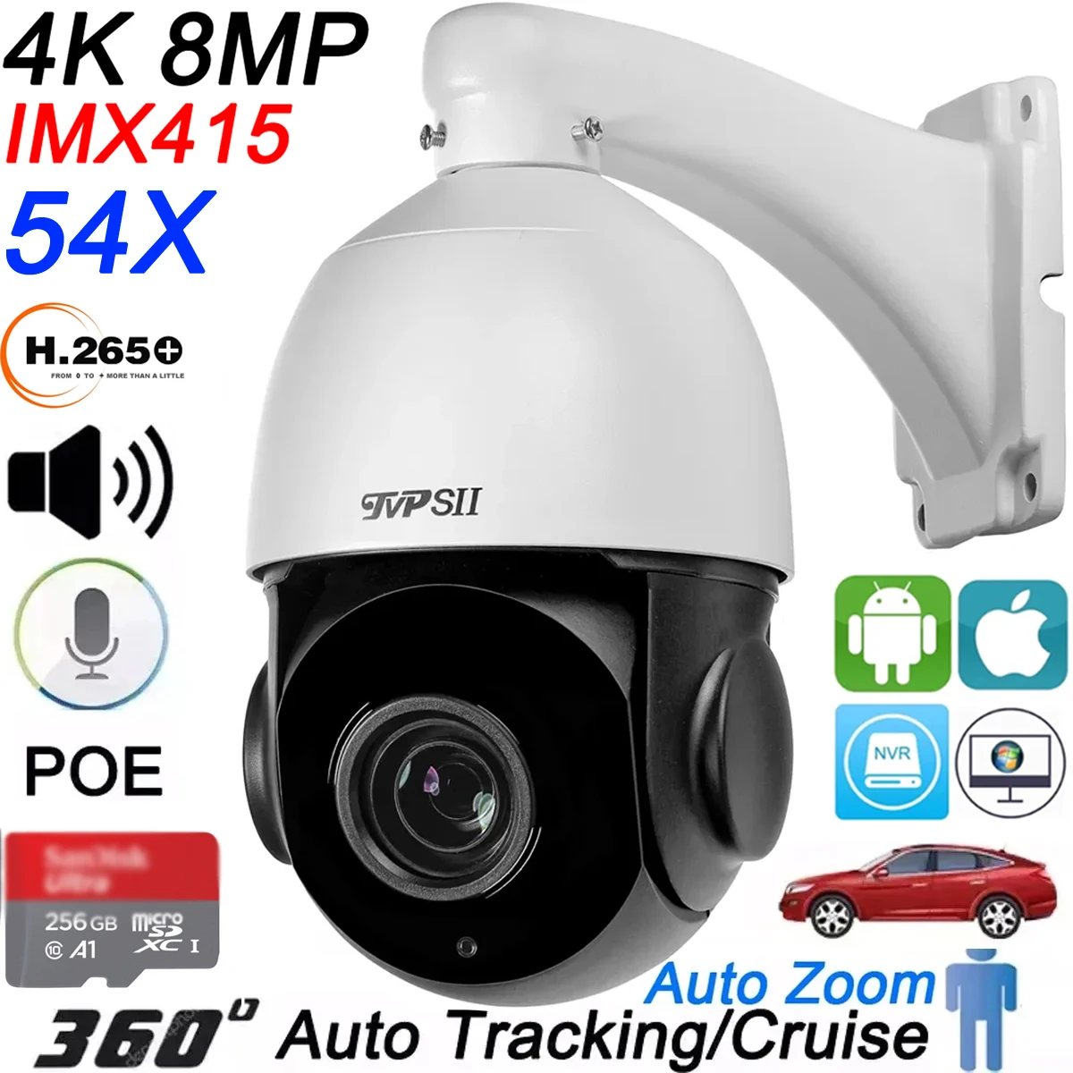 Cámara de vigilancia domo de velocidad, dispositivo de seguimiento automático, 8MP, 4K, IMX415, H.265 + 54X, 36X, Zoom óptico, rotación de 360 °, Audio para exteriores, ONVIF, POE, PTZ