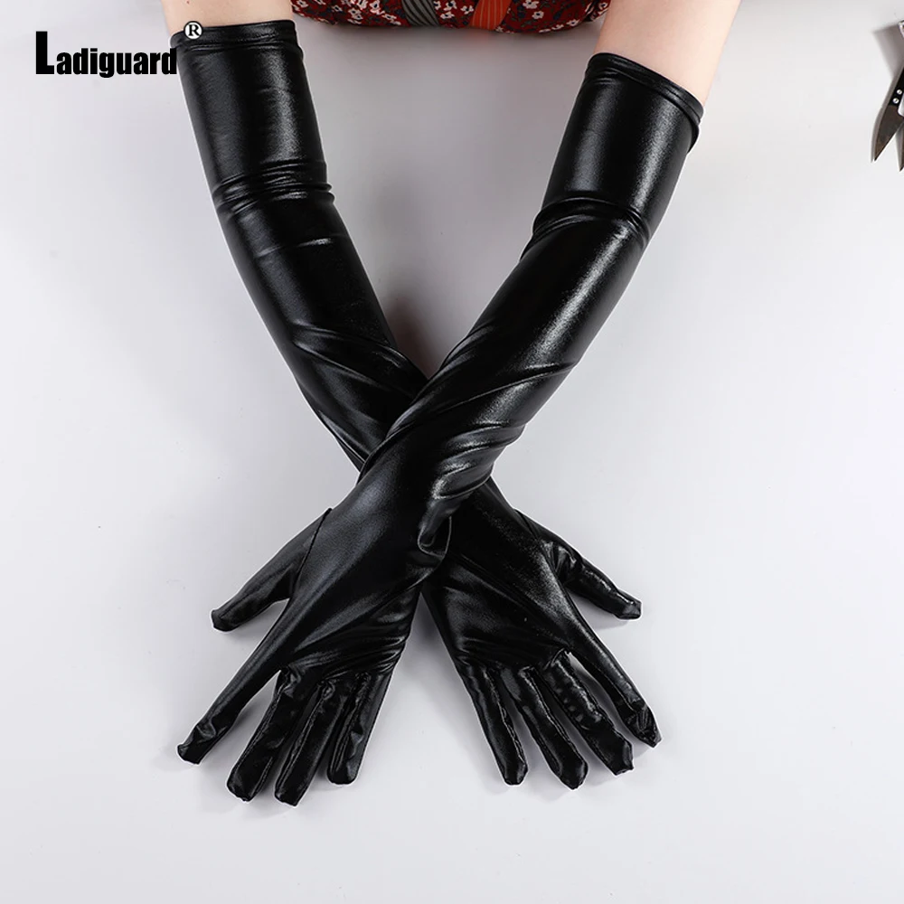 Ladiguard Sexy Wetlook Gloves Women Faux Pu Leather Gloves Solid Clubwear Long Elbow Hot Erotic Catsuit Cosplay Mittens Costumes