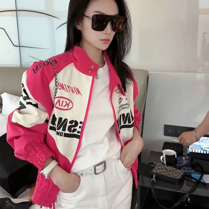

Letter Print Jacket Women Clothing High Street Vintage Color Block Biker Coat Women Jacket Loose Jackets for Women Clothes Tops
