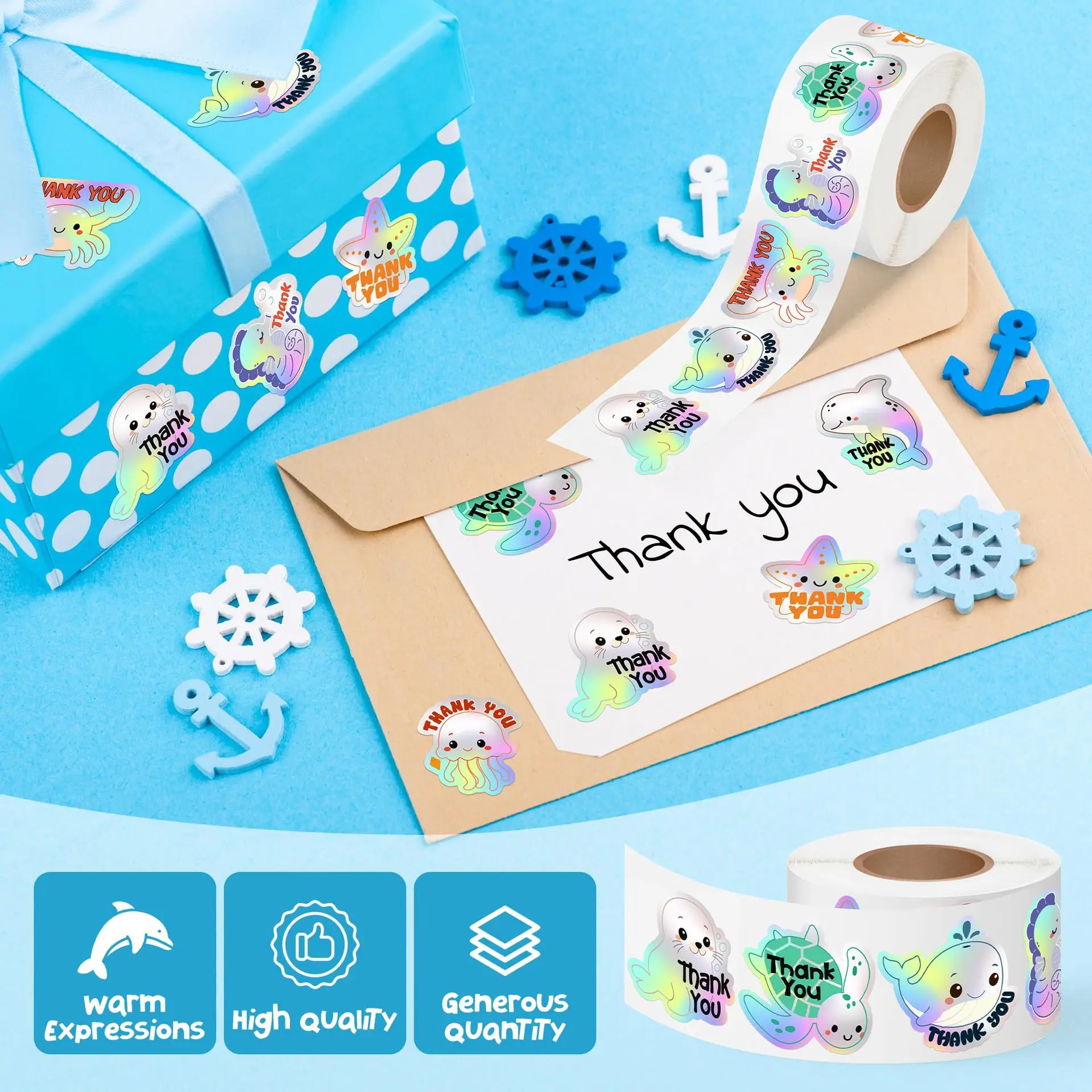 500개 해양 감사 스티커 롤 홀로그램 여름 바다 동물 거북이 해파리 생일용 자가 접착 라벨