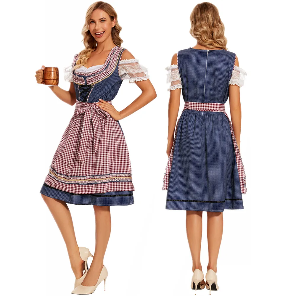Damska Tradycyjna Krata Dirndl Oktoberfest Kostium Parada Tawerna Barmanka Kelnerka Strój Cosplay Halloween Fantazyjna Sukienka