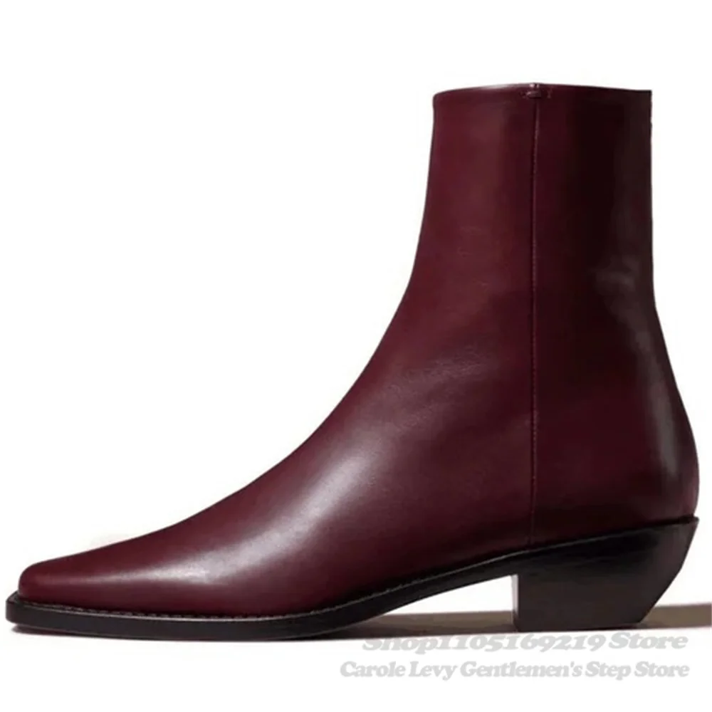 Wine Red Genuine Leather Mens Ankle Boot Pointed Toe Side Zipper Low Heel Handmade Solid Color Chelsea Boots Male Shoes 1