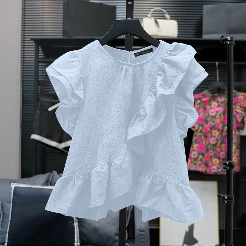 ZANZEA Women Chic Ruffle Blouse Vintage Short Sleeve Peplum Tops Holiday Summer Round Neck Tunic Casual Multilayer Pleated Shirt