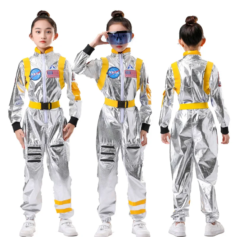 Kids Cosplay Costume Astronaut Silver Jumpsuit Space Themed Party Dress Up for Boys and Girls