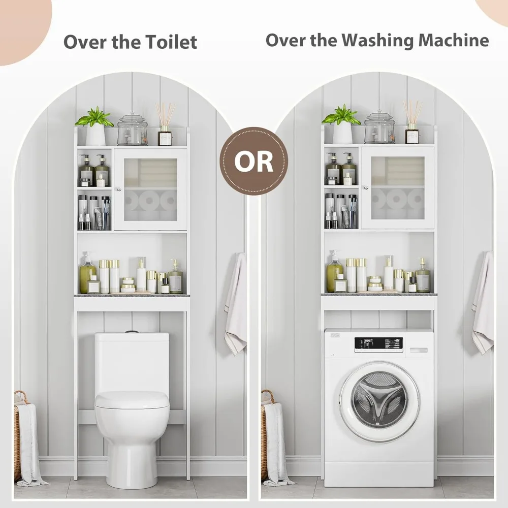 Over The Toilet Bathroom Storage Cabinet Freestanding Wooden Bathroom Organizer with Adjustable Shelves and Glass Door 5