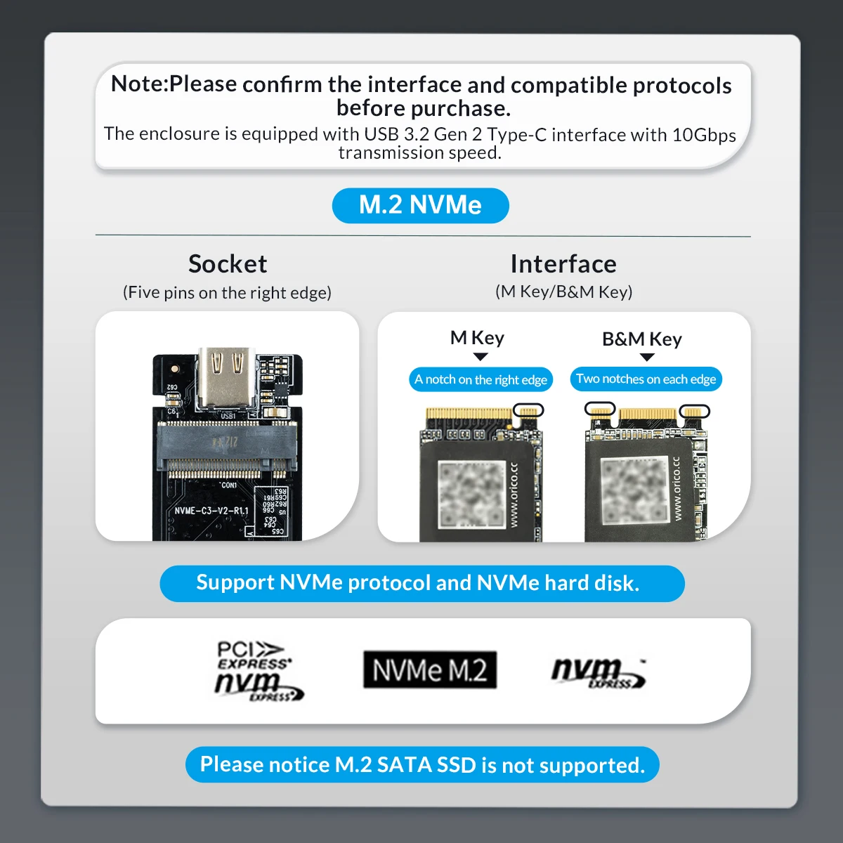 M.2 NVMe SSD 인클로저 어댑터, 3.1 2 세대 USBC-NVMe PCIe 외부 휴대용 HD 박스 도구 무료 알루미늄 케이스, M2 NVMe용, 10Gbps ssd nvme 외장케이스 m 2 nvme