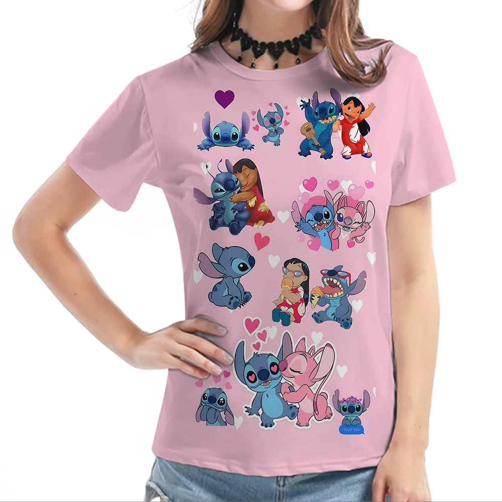 

Disney Cartoon Blouses Lilo Stitch Y2K Tops Summer T-shirts White Short Sleeve Shirt Kids Tees Kpop Woman Oversized Clothes Gift