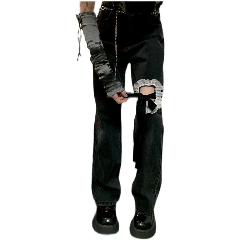 

2022 New Summer Broken Hole Women Korean Edition High Waist Straight Tube Design Loose Broad Leg Jeans Free Shipping