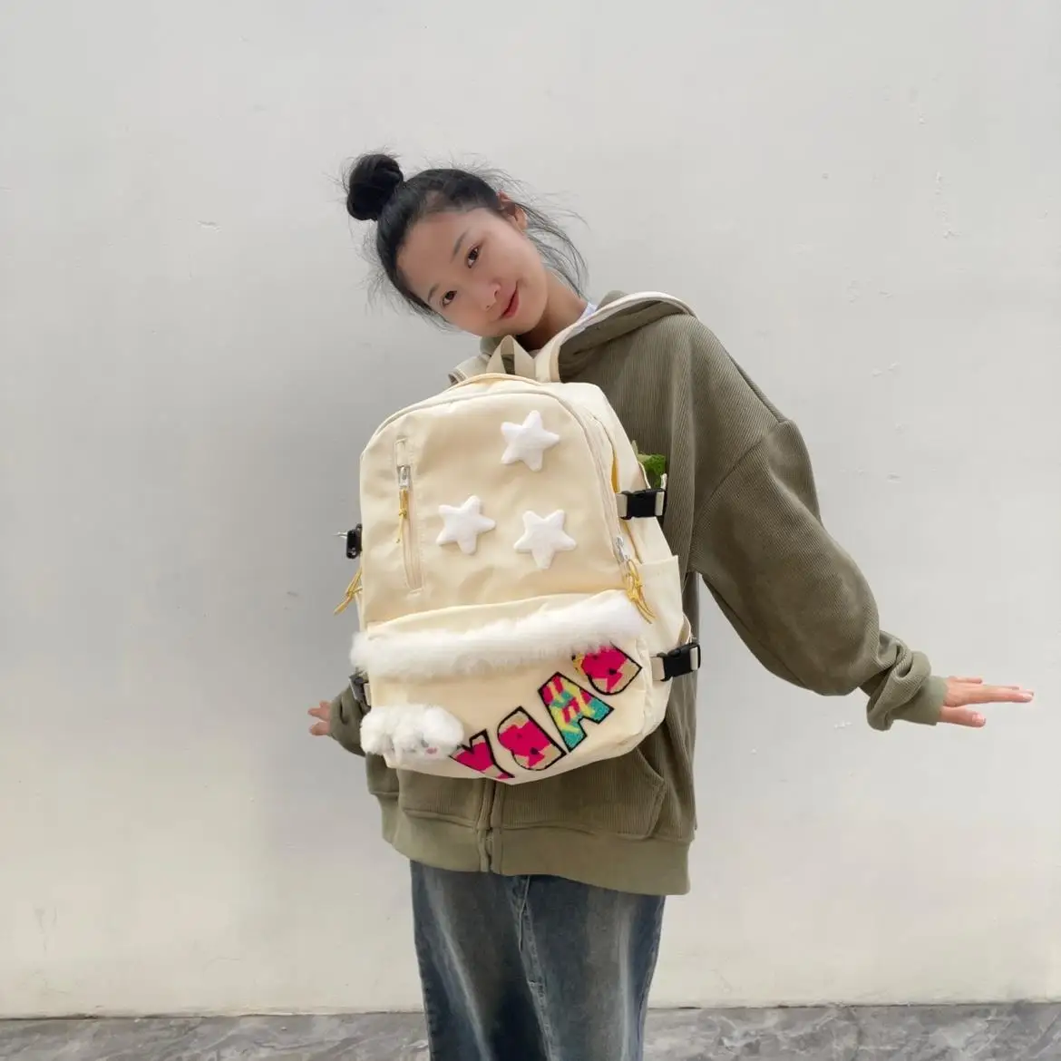 

Вместительный милый школьный рюкзак 2023 года в стиле преппи для студентов, корейский универсальный рюкзак Y2k с плюшевой звездой и мультяшной собакой, милый рюкзак для девушек
