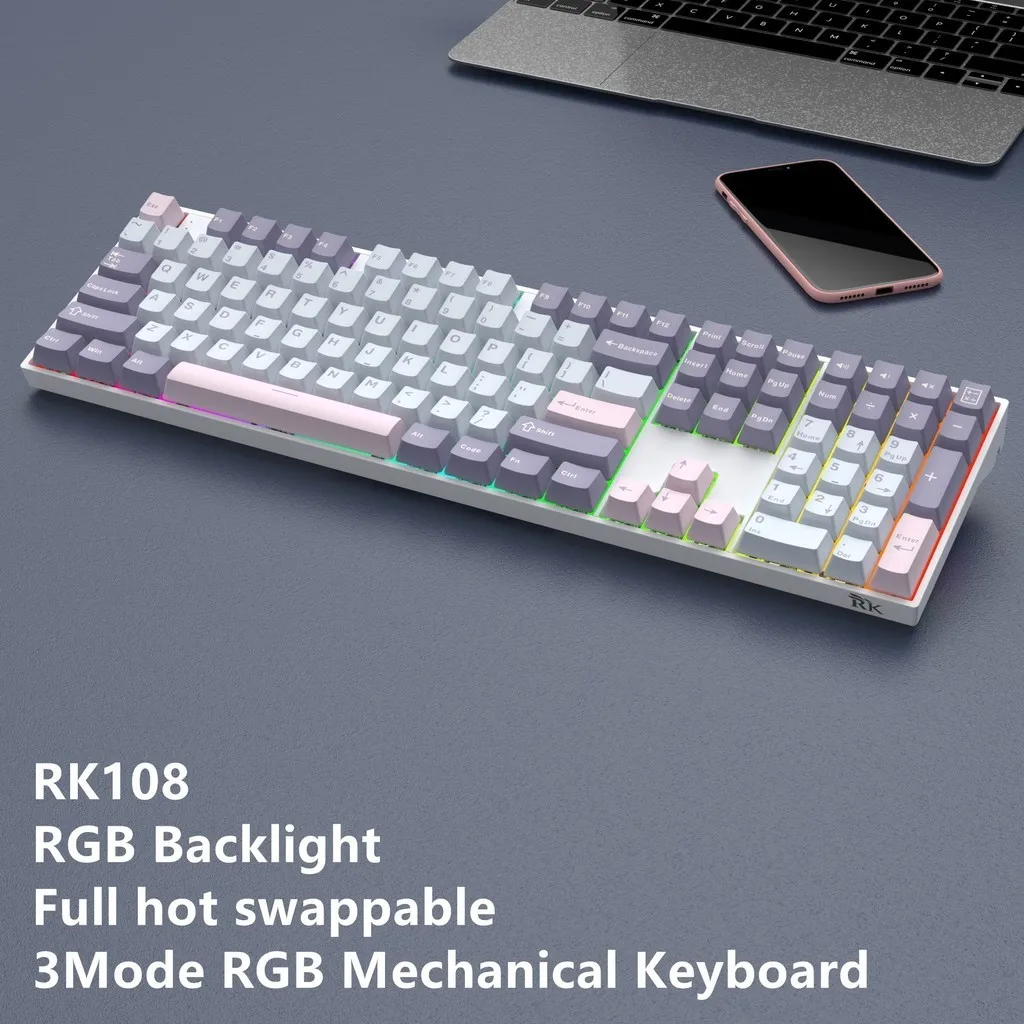 RK108 клавиатура Механическая RGB Bluetooth 3 режима 2,4G Беспроводная 100% Полная клавиатура Сделай Сам пользовательские 108 клавиши с нумератором