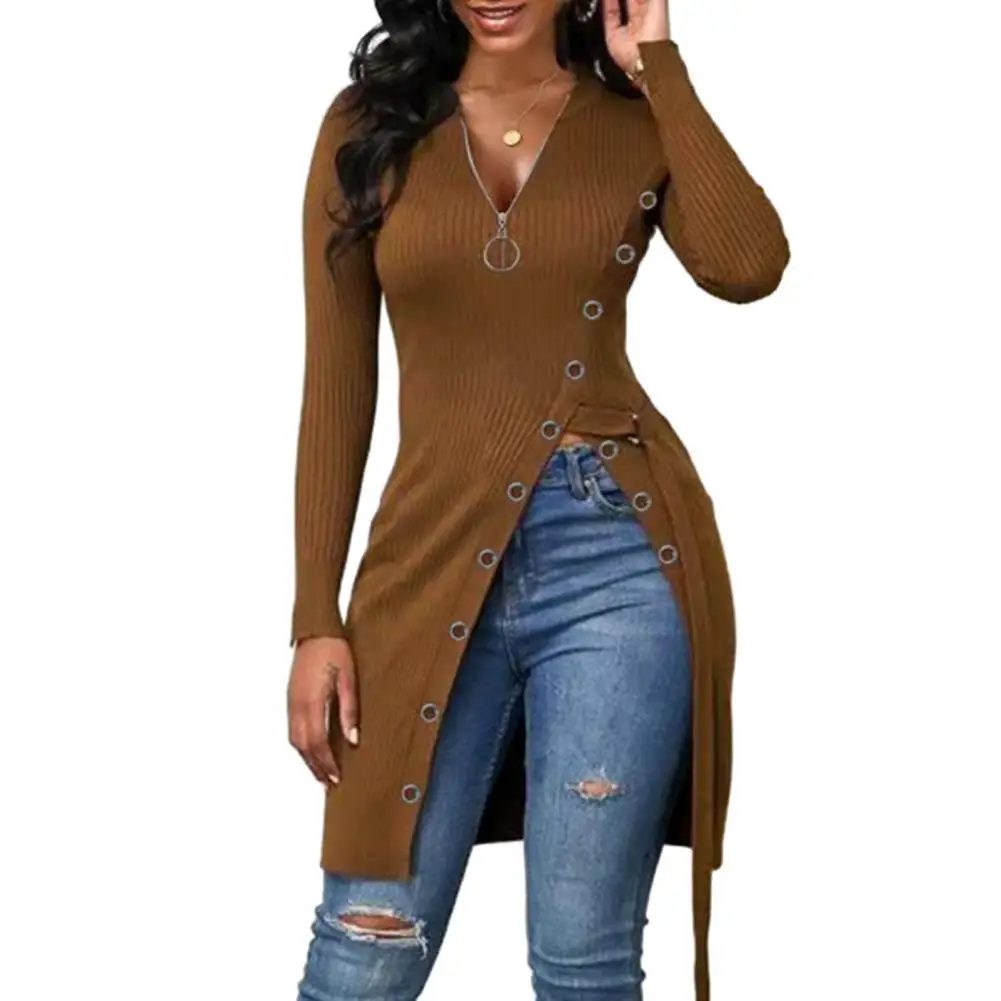 

Tee Shirt Top Zipper V Neck Women Blouse High Split Hem Mid Length Lace Up Waist Strap Women Winter Blouse Long