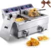 Commercial Electric Deep Fryer, 24L 3000W w/Dual Removable Basket, Stainless Steel Electric Countertop Fryer w/Time Control and 1